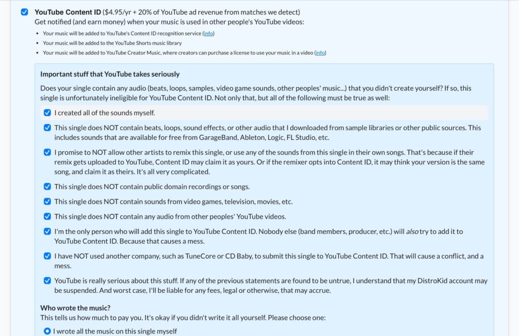 Screenshot of DistroKid’s YouTube content ID service.